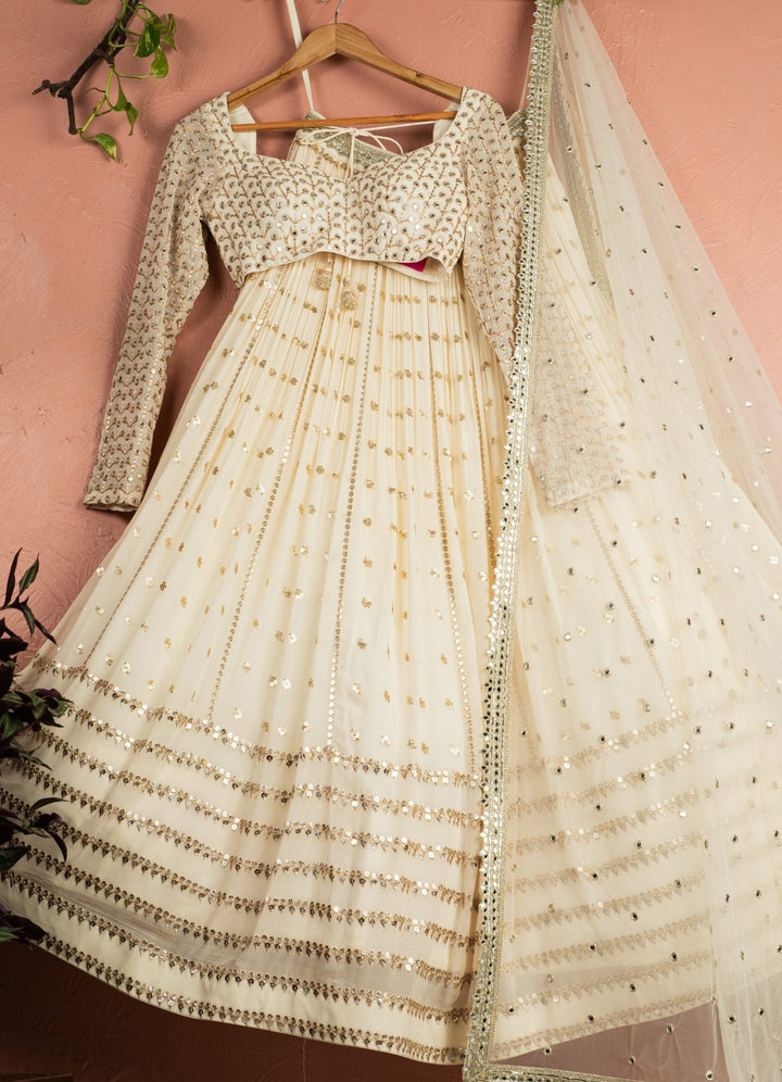 Ivory Sequined Georgette Lehenga Set With Full Sleeved Blouse Anisha Shetty - Fabilicious Fashion
