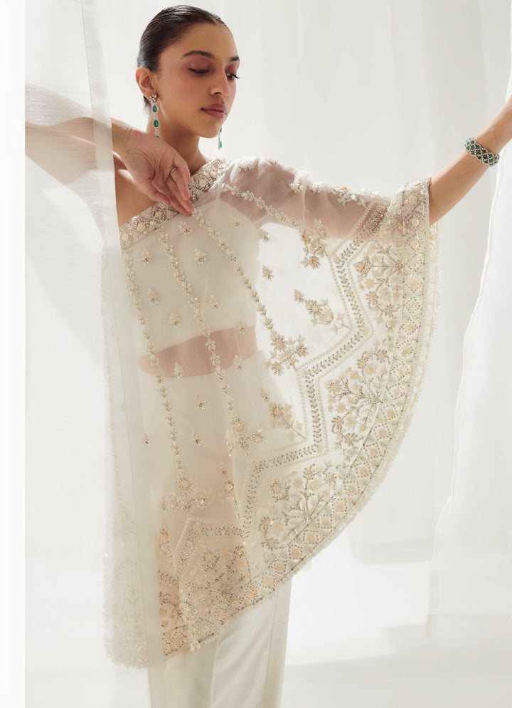 Ivory Silk Coord Set With Embellished One Shoulder Cape Suhino - Fabilicious Fashion