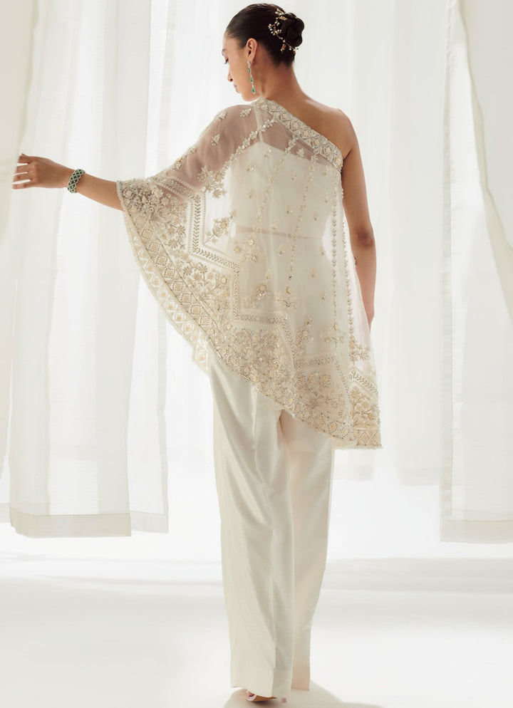 Ivory Silk Coord Set With Embellished One Shoulder Cape Suhino - Fabilicious Fashion