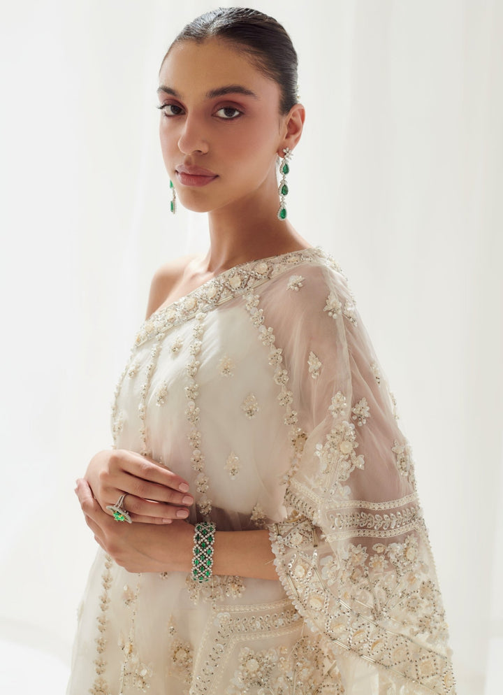 Ivory Silk Coord Set With Embellished One Shoulder Cape Suhino - Fabilicious Fashion