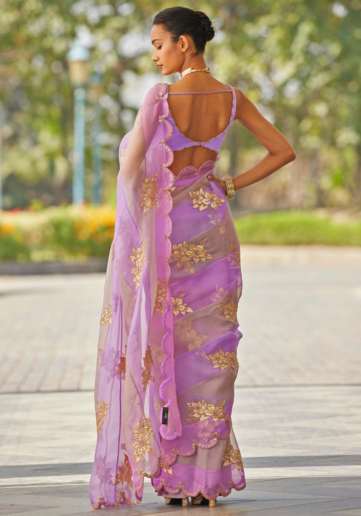 Lavender and Rose Gold Applique Organza Saree Vvani by Vani Vats - Fabilicious Fashion