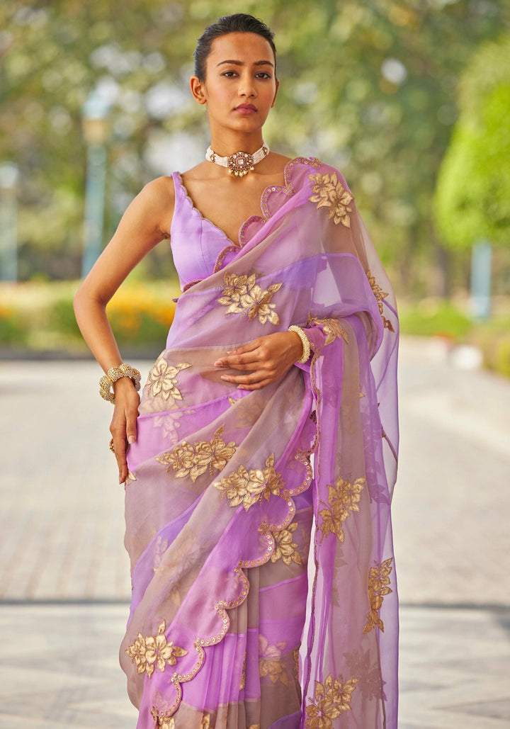 Lavender and Rose Gold Applique Organza Saree Vvani by Vani Vats - Fabilicious Fashion