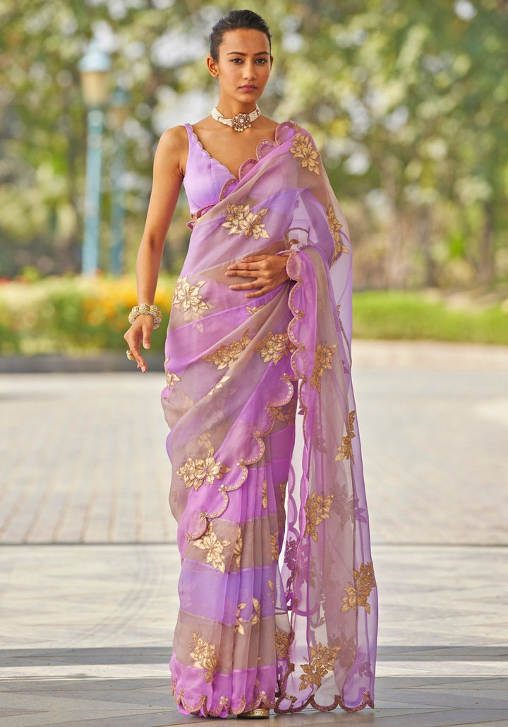 Lavender and Rose Gold Applique Organza Saree Vvani by Vani Vats - Fabilicious Fashion