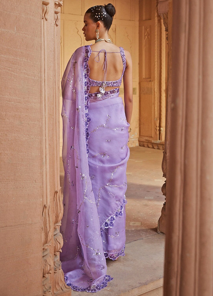 Lavender Embellished Organza Saree With Embroidered Blouse Prevasu - Fabilicious Fashion