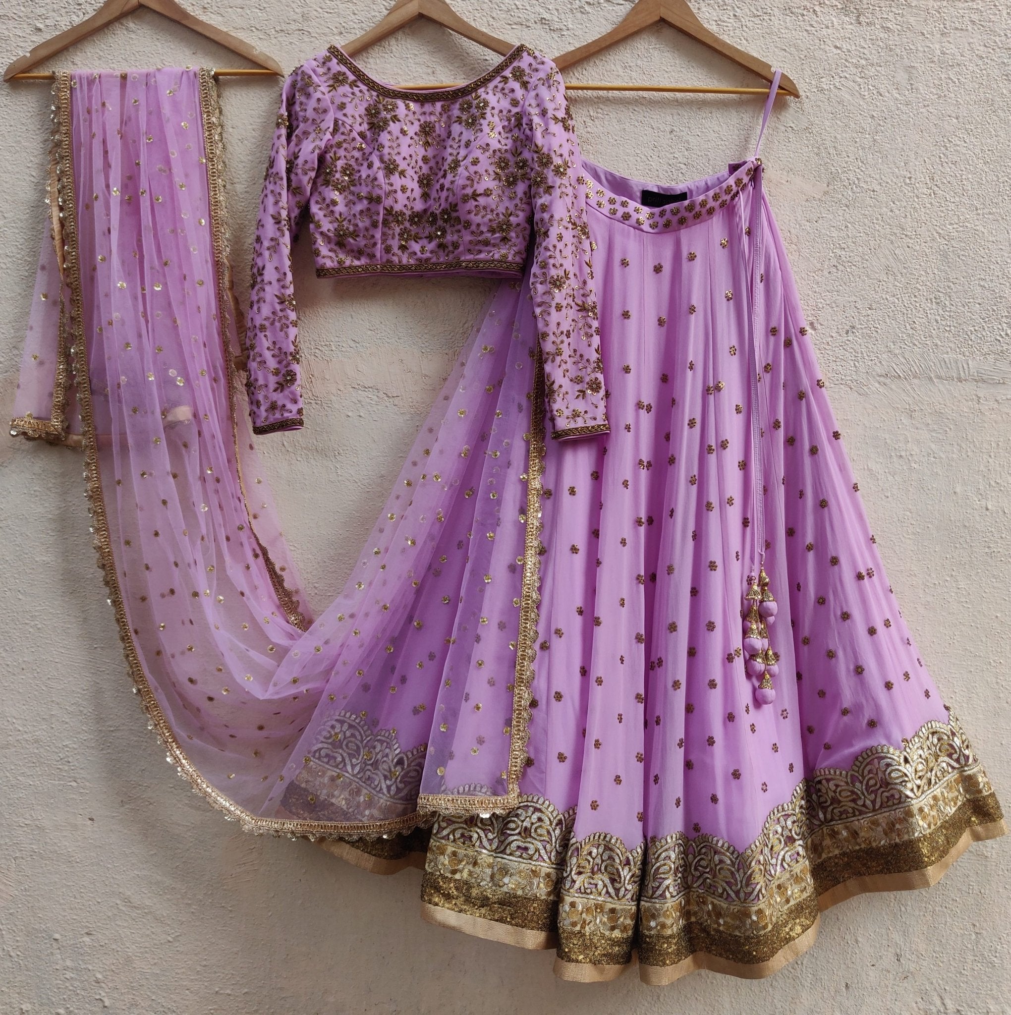 Lavender Lucknowi Lehenga Set With Mirror Bustier