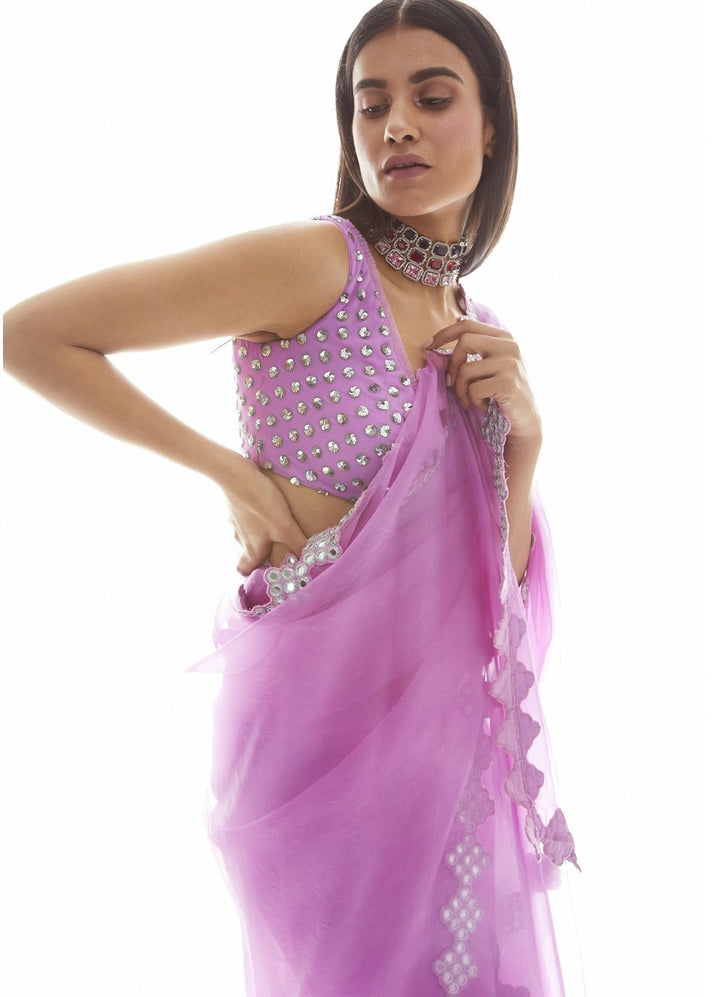 Lavender Organza Mirror Border Saree Vvani by Vani Vats - Fabilicious Fashion