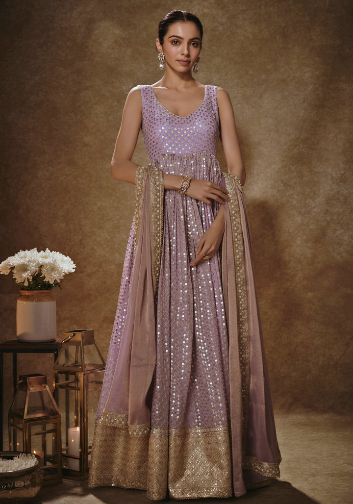 Lilac And Gold Embroidered Anarkali Set Renee Label - Fabilicious Fashion