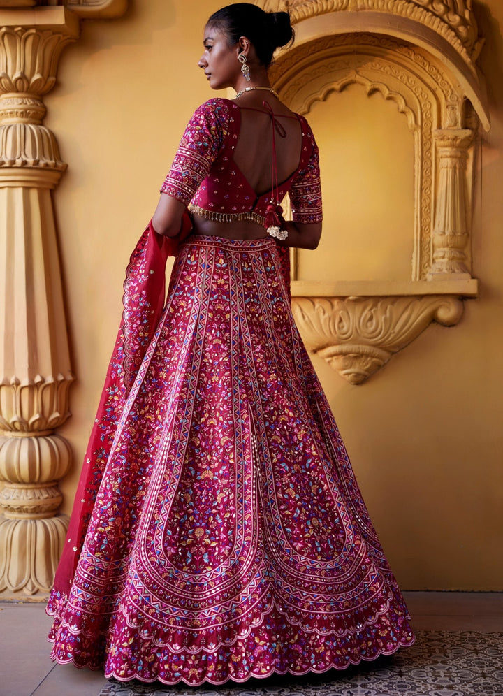 Maroon Red Resham Embroidered Lehenga Set Chamee and Palak - Fabilicious Fashion