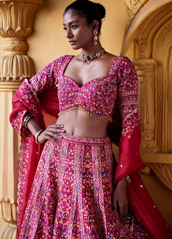 Maroon Red Resham Embroidered Lehenga Set Chamee and Palak - Fabilicious Fashion