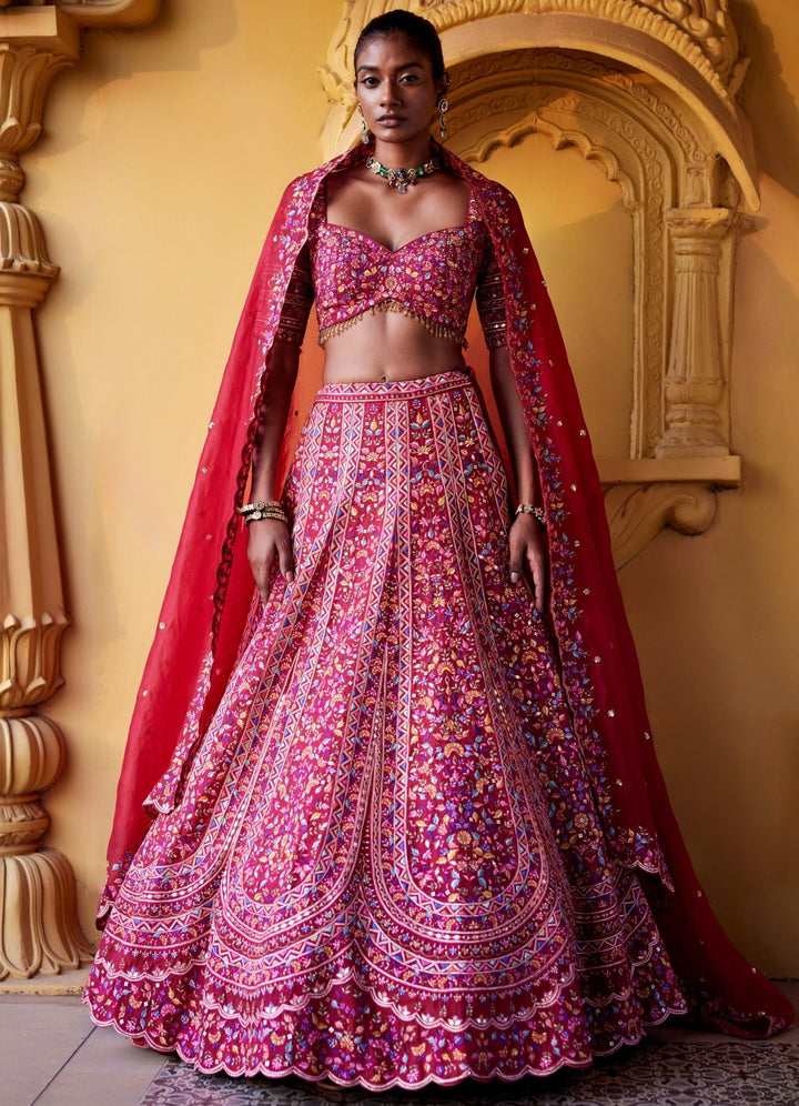 Maroon Red Resham Embroidered Lehenga Set Chamee and Palak - Fabilicious Fashion