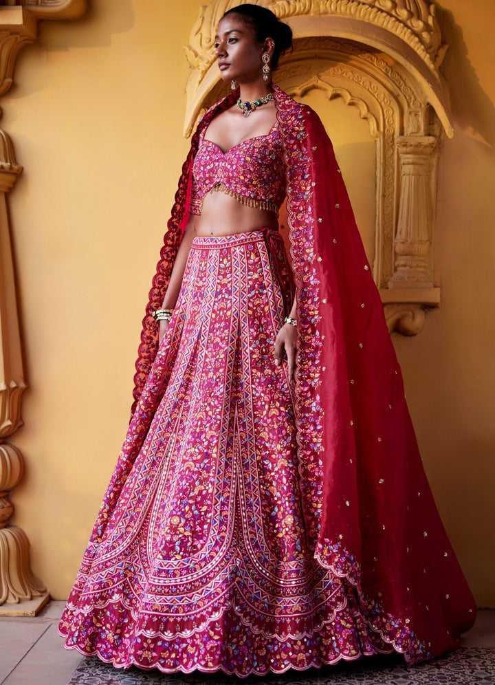 Maroon Red Resham Embroidered Lehenga Set Chamee and Palak - Fabilicious Fashion