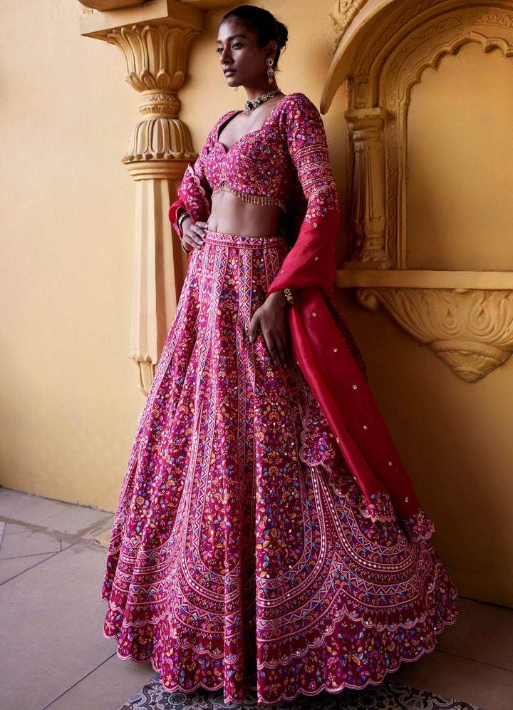 Maroon Red Resham Embroidered Lehenga Set Chamee and Palak - Fabilicious Fashion