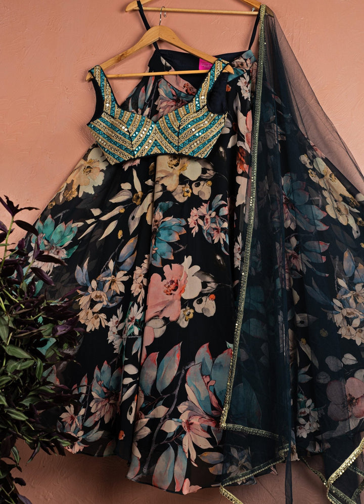 Midnight Blue Floral Printed Georgette Lehenga Set With Mirrorwork Blouse Anisha Shetty - Fabilicious Fashion