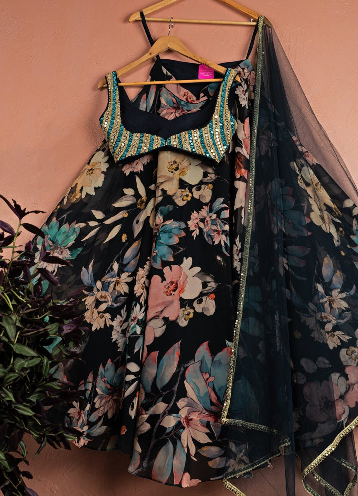 Midnight Blue Floral Printed Georgette Lehenga Set With Mirrorwork Blouse Anisha Shetty - Fabilicious Fashion