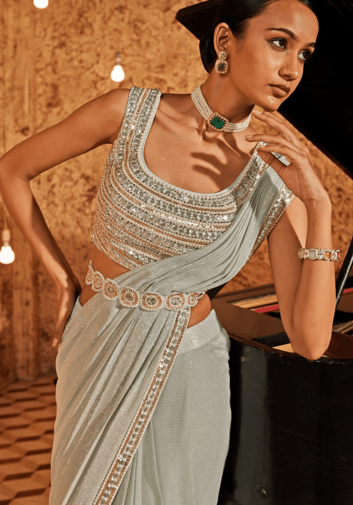 Mint Blue Pre Drape Saree Set Nidhika Shekhar - Fabilicious Fashion