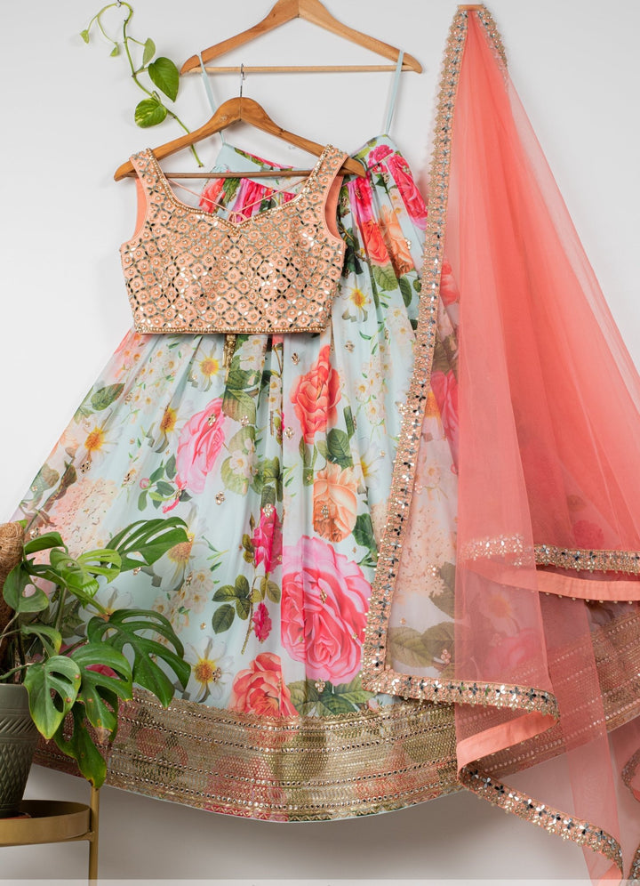 Mint Floral Lehenga With Peach Mirror Blouse and Dupatta Anisha Shetty - Fabilicious Fashion