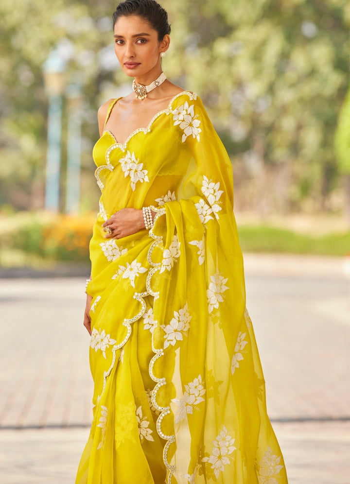 Moss Green Applique Organza Saree Vvani by Vani Vats - Fabilicious Fashion