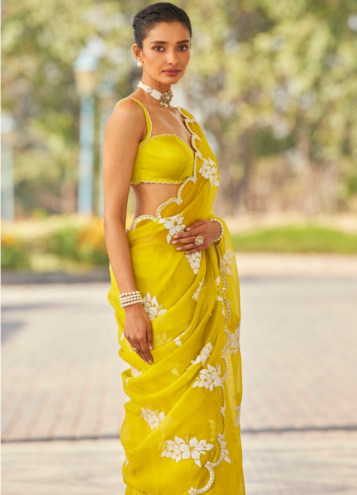 Moss Green Applique Organza Saree Vvani by Vani Vats - Fabilicious Fashion