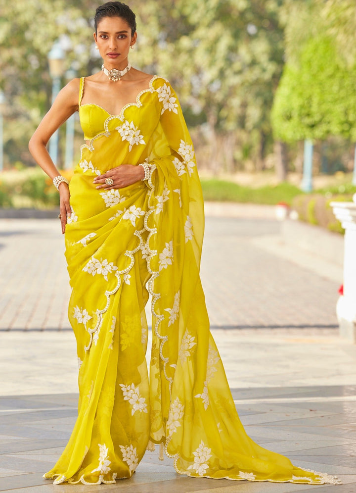 Moss Green Applique Organza Saree Vvani by Vani Vats - Fabilicious Fashion