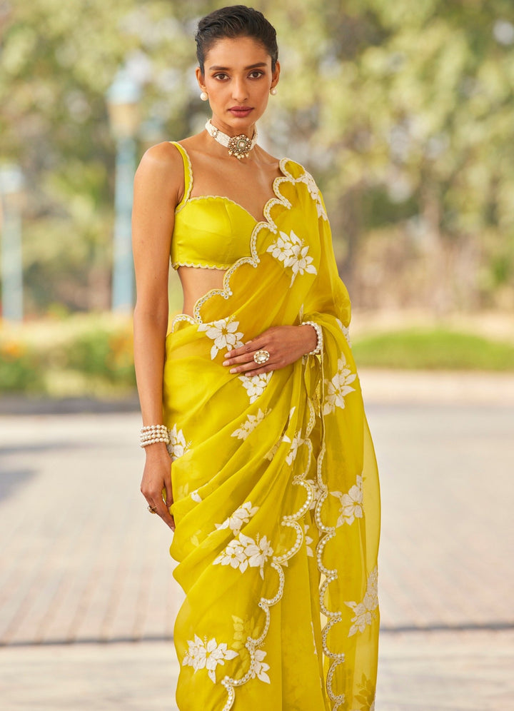 Moss Green Applique Organza Saree Vvani by Vani Vats - Fabilicious Fashion