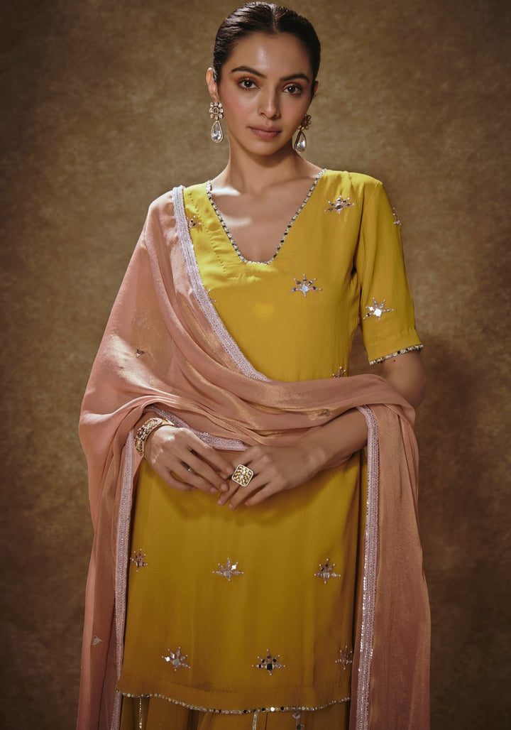 Mustard Yellow Embroidered Sharara Set Renee Label - Fabilicious Fashion