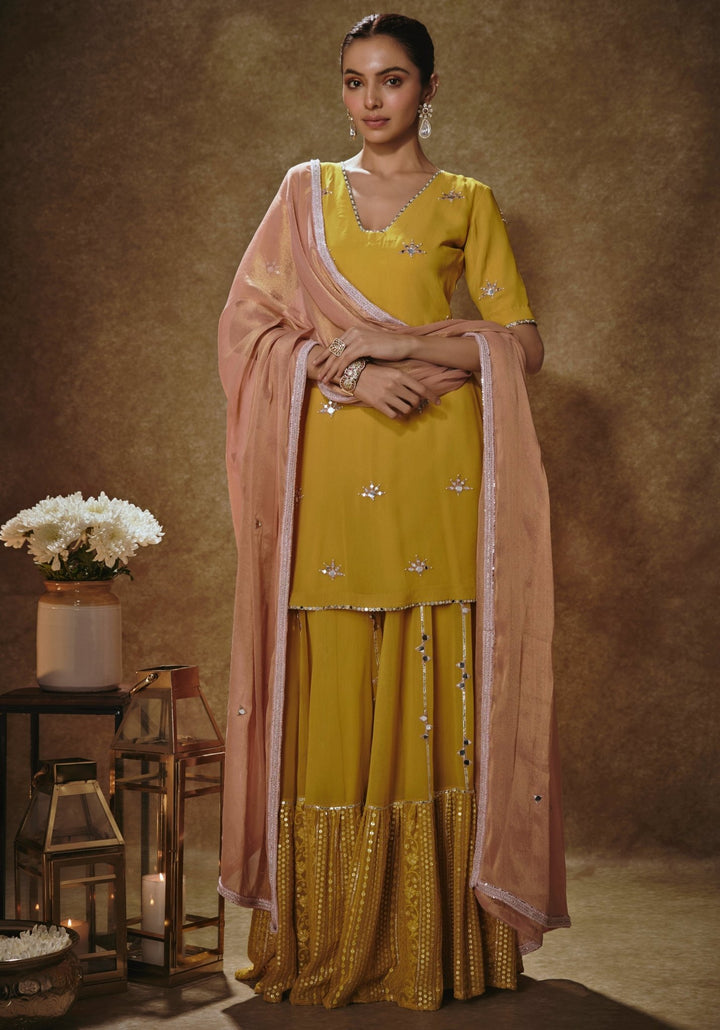 Mustard Yellow Embroidered Sharara Set Renee Label - Fabilicious Fashion