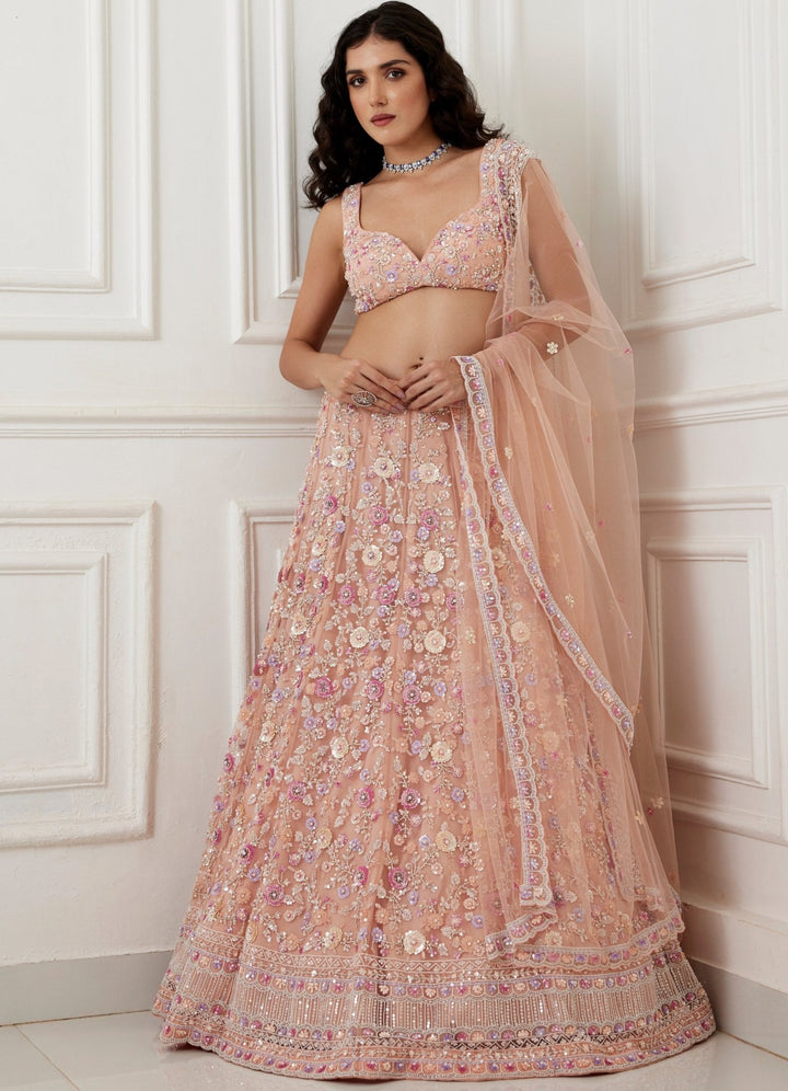 Muted Peach Embroidered Lehenga Set Chamee and Palak - Fabilicious Fashion