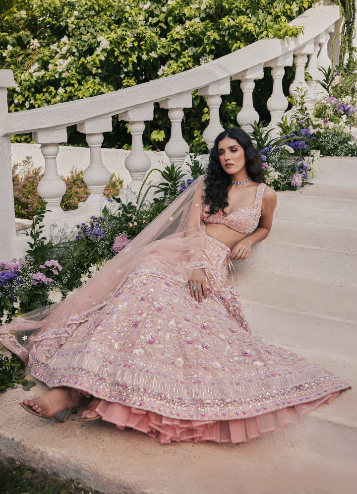 Muted Peach Embroidered Lehenga Set Chamee and Palak - Fabilicious Fashion