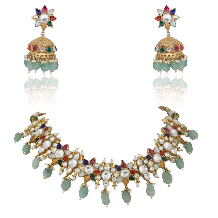 Navratna Flower Choker Set With Sea Green Beads Riana by Shikha Jindal - Fabilicious Fashion