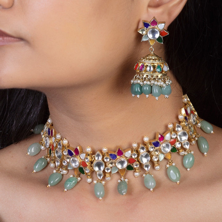 Navratna Flower Choker Set With Sea Green Beads Riana by Shikha Jindal - Fabilicious Fashion