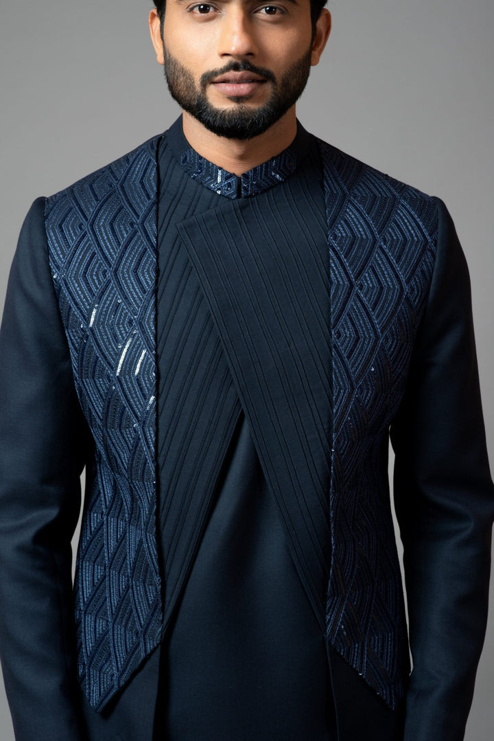 Navy Blue Embroidered Achkan Smriti - Fabilicious Fashion