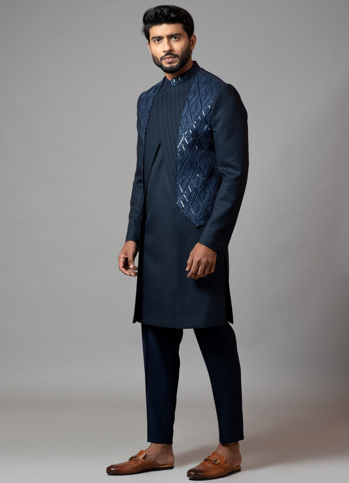 Navy Blue Embroidered Achkan Smriti - Fabilicious Fashion