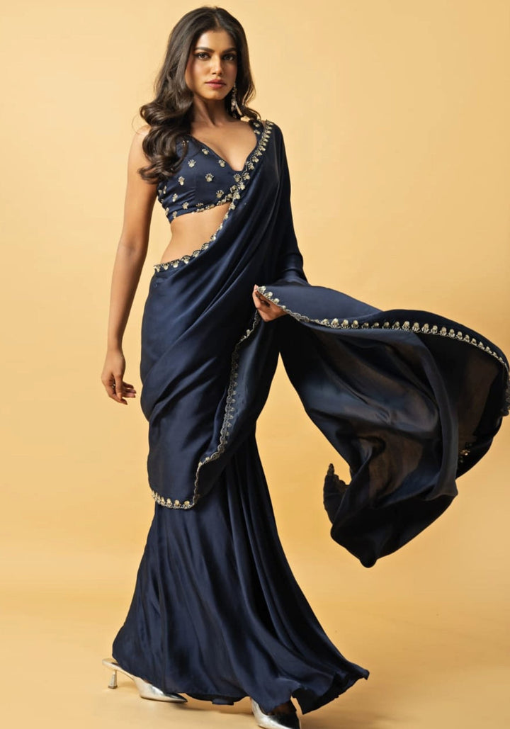 Navy Blue Embroidered Pre Draped Saree Quench A Thirst - Fabilicious Fashion