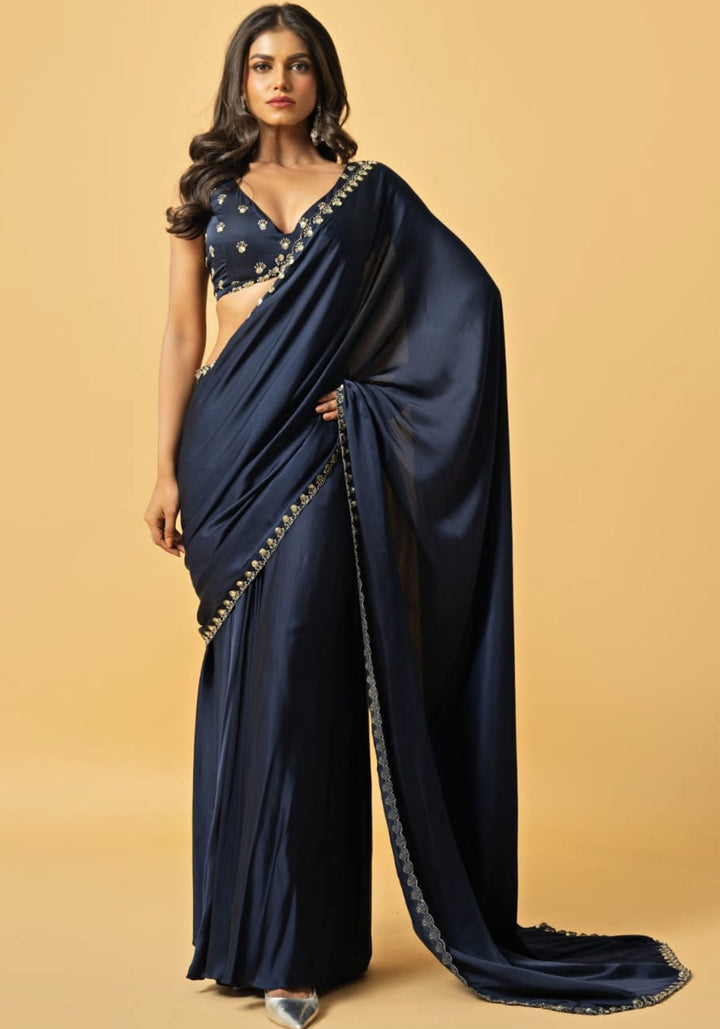 Navy Blue Embroidered Pre Draped Saree Quench A Thirst - Fabilicious Fashion