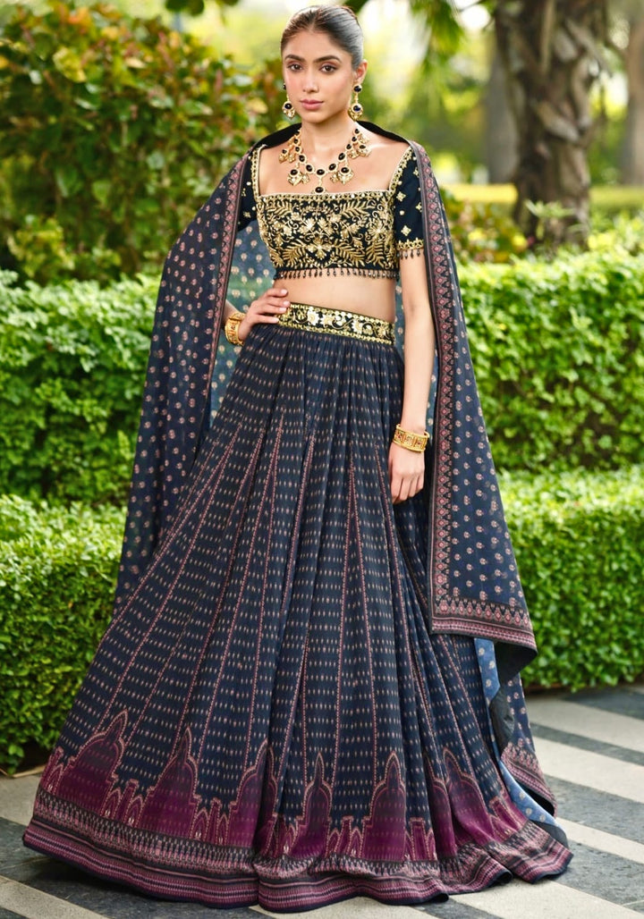 Navy Blue Printed Chiffon Lehenga Set Rashika Sharma - Fabilicious Fashion