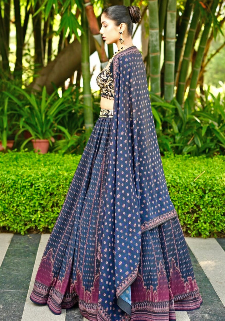 Navy Blue Printed Chiffon Lehenga Set Rashika Sharma - Fabilicious Fashion