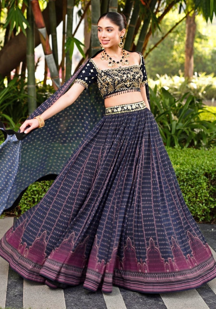 Navy Blue Printed Chiffon Lehenga Set Rashika Sharma - Fabilicious Fashion