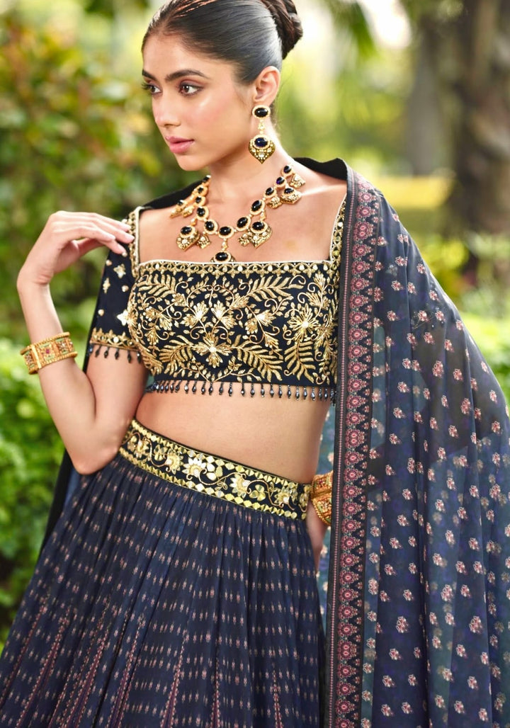 Navy Blue Printed Chiffon Lehenga Set Rashika Sharma - Fabilicious Fashion