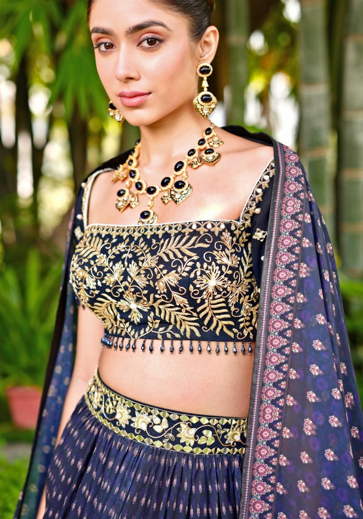 Navy Blue Printed Chiffon Lehenga Set Rashika Sharma - Fabilicious Fashion