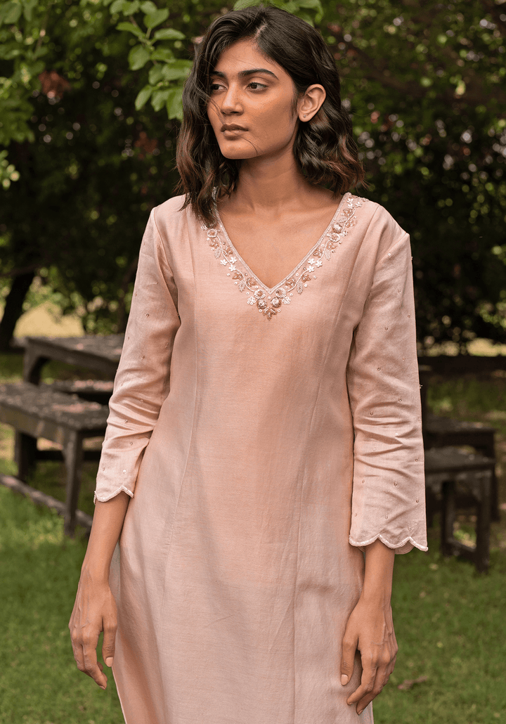 Nude Gold Embroidered Kurta Set Zoon Tribe - Fabilicious Fashion