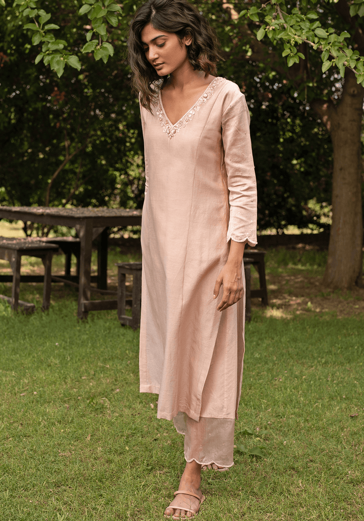 Nude Gold Embroidered Kurta Set Zoon Tribe - Fabilicious Fashion