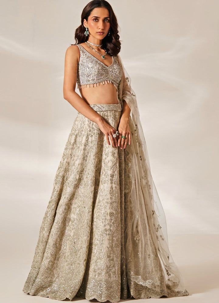 Nude Gold Embroidered Organza Lehenga Set Studio Iris - Fabilicious Fashion