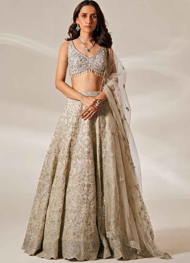 Nude Gold Embroidered Organza Lehenga Set Studio Iris - Fabilicious Fashion