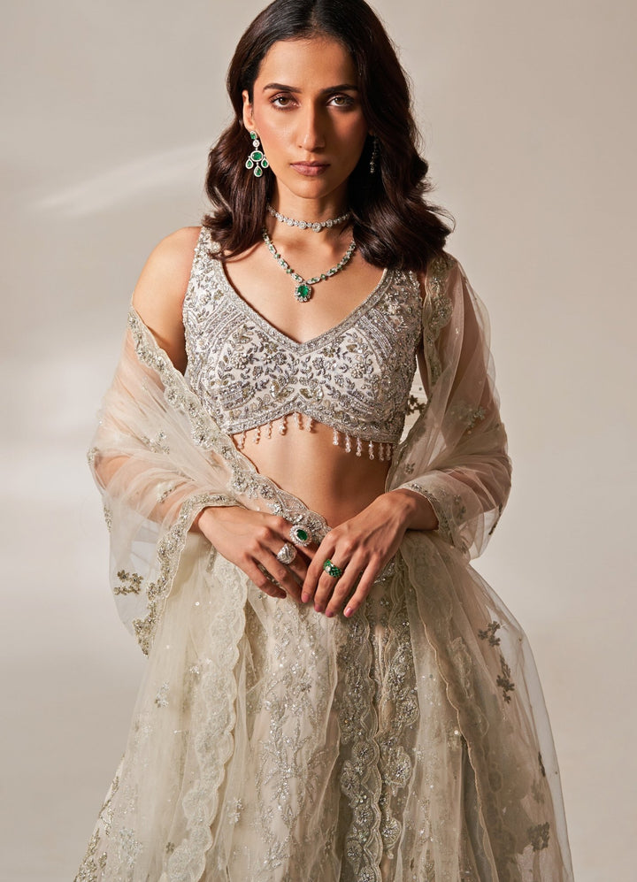 Nude Gold Embroidered Organza Lehenga Set Studio Iris - Fabilicious Fashion