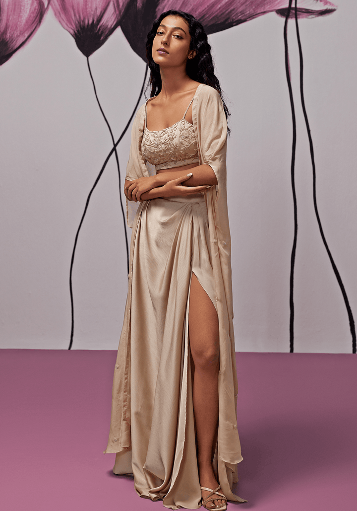 Nude Gold Slit Skirt and Cape Set Zoon Tribe - Fabilicious Fashion