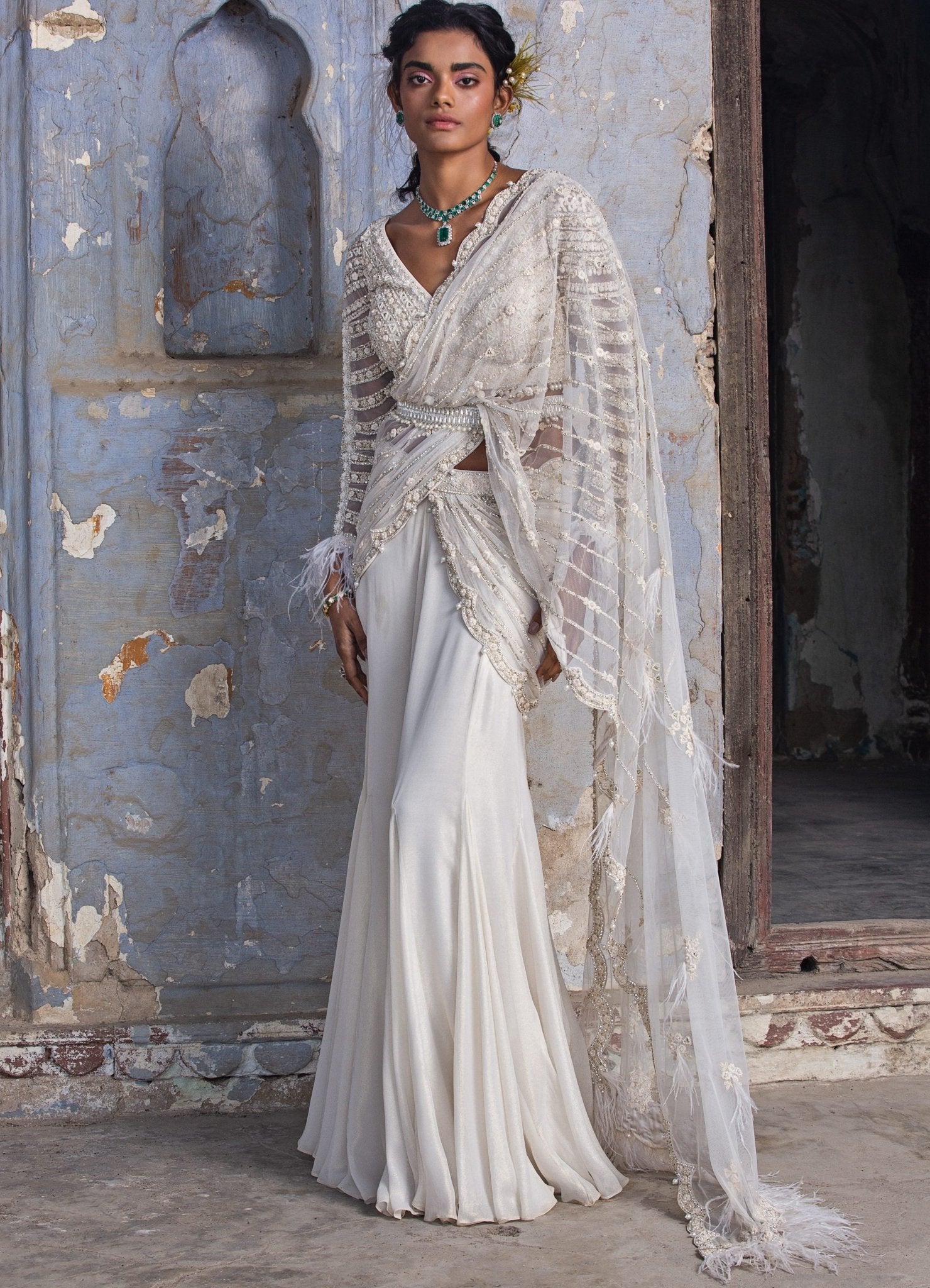 Off White Shimmer Drape Saree Set With Embellished Belt Nitika Gujral Fabilicious Fashion