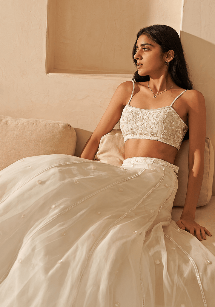 Off-White Silk Organza Kalidar Lehenga Set Zoon Tribe - Fabilicious Fashion