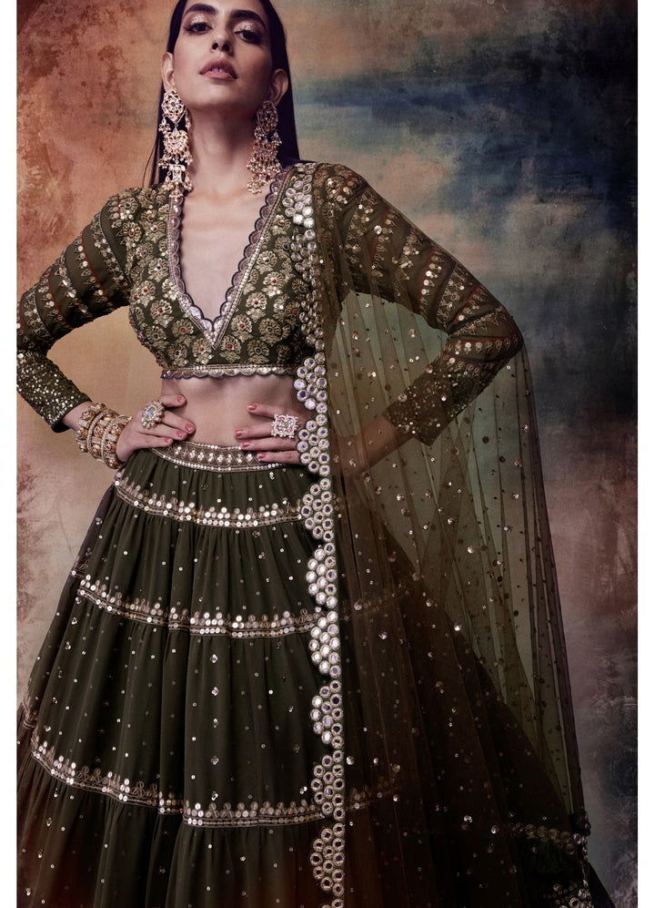Olive Green Tier Lehenga Set Vvani by Vani Vats - Fabilicious Fashion