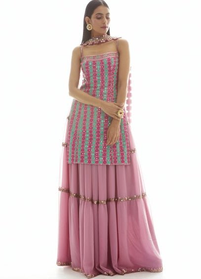 Onion Pink Applique Kurta Sharara Set Vvani by Vani Vats - Fabilicious Fashion
