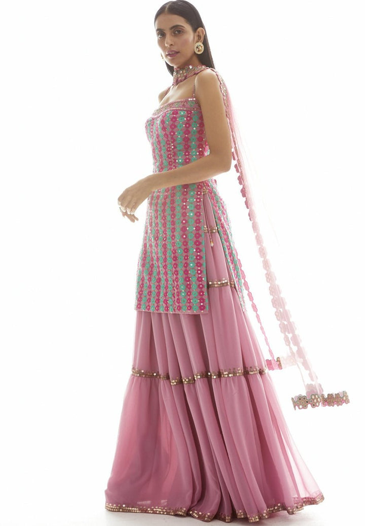 Onion Pink Applique Kurta Sharara Set Vvani by Vani Vats - Fabilicious Fashion